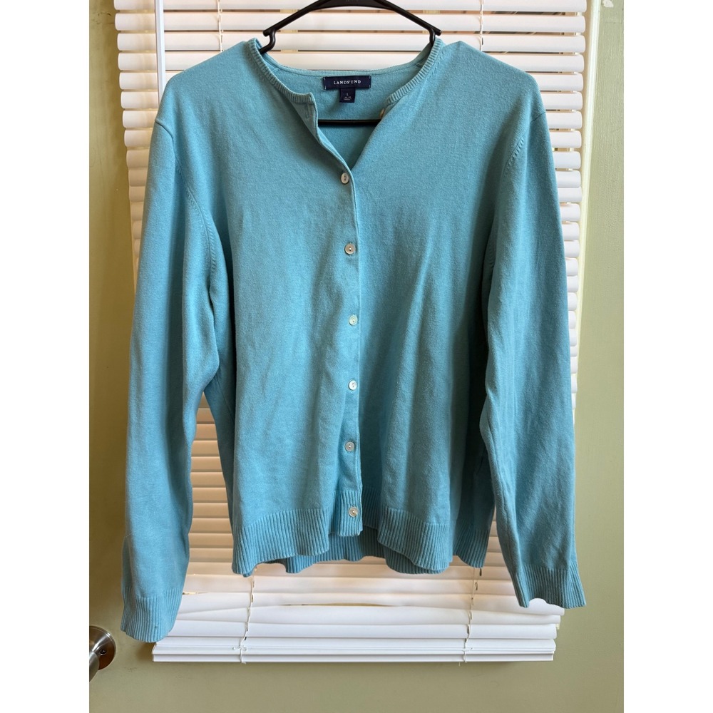 Lands End Women Turquoise Blue Button Front Cardigan Sweater Large 14-16